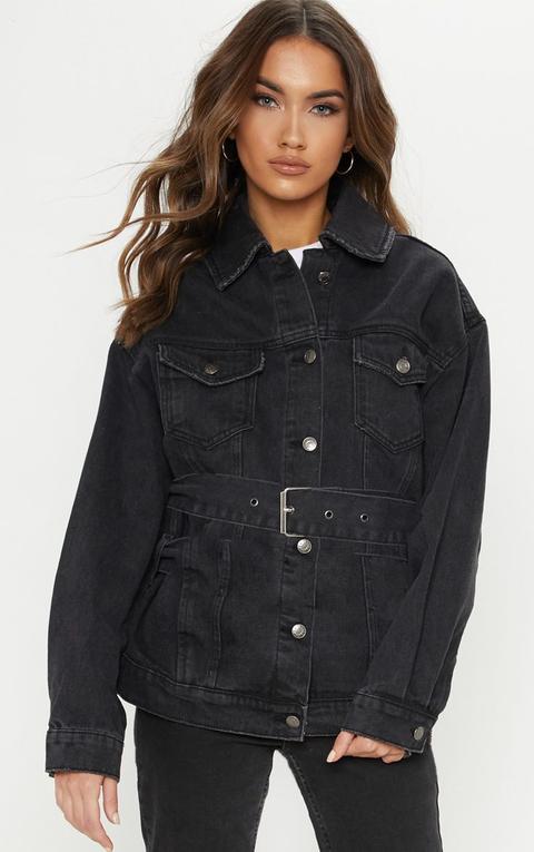 Black Buckle Waist Denim Jacket, Black