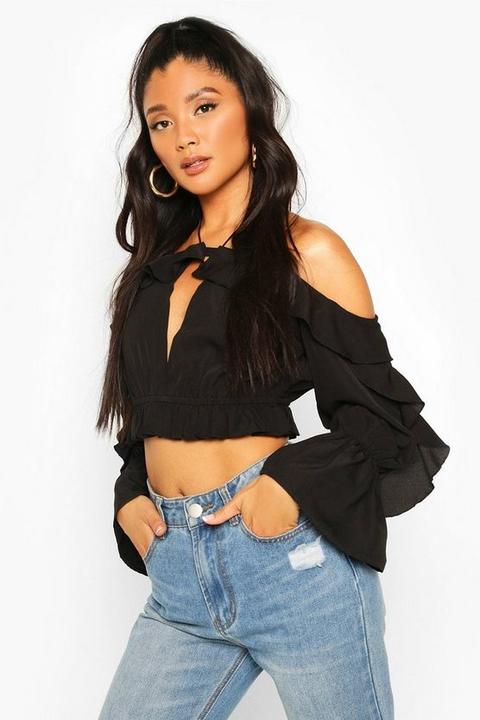 Off The Shoulder Ruffle Key Hole Blouse, Negro