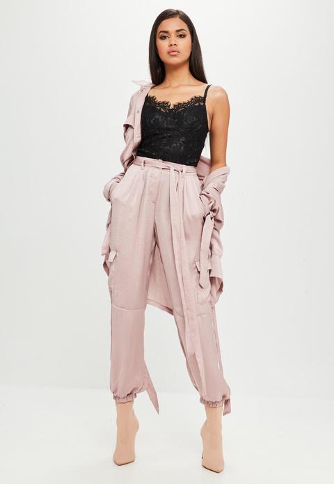 Carli Bybel X Missguided Purple Satin Cargo Pants, Purple