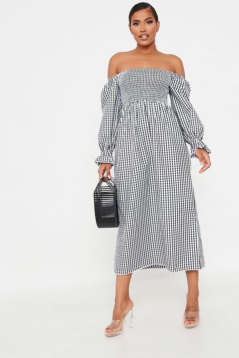 Black Woven Gingham Bardot Shirred Midi Dress , Black