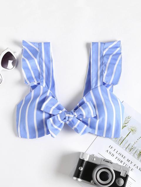 Top Corto Imbottito A Righe Con Volant Sky Blue