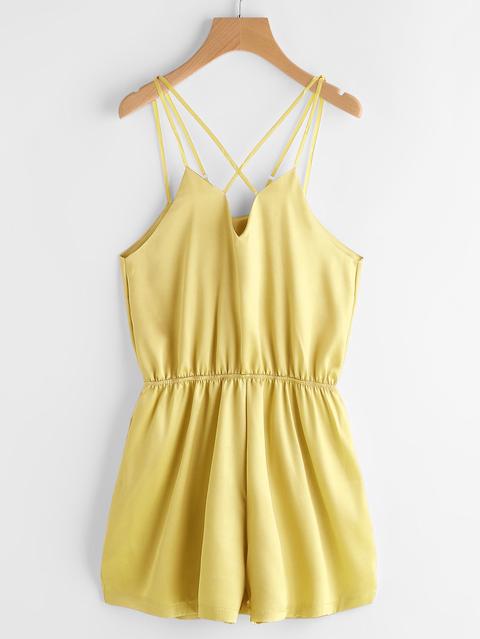 Criss Cross Elastic Waist Satin Cami Romper