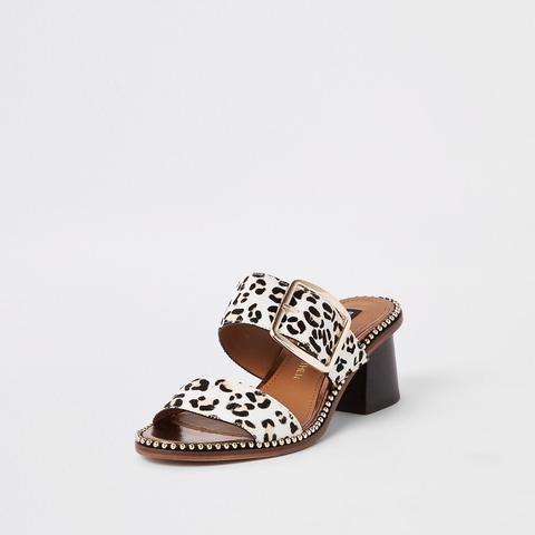 White Leather Leopard Print Block Heel 
