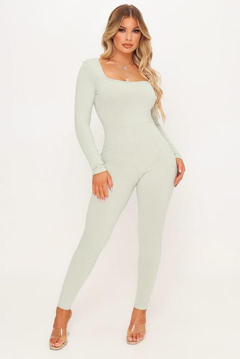 Sage Square Neck Long Sleeve Ribbed 