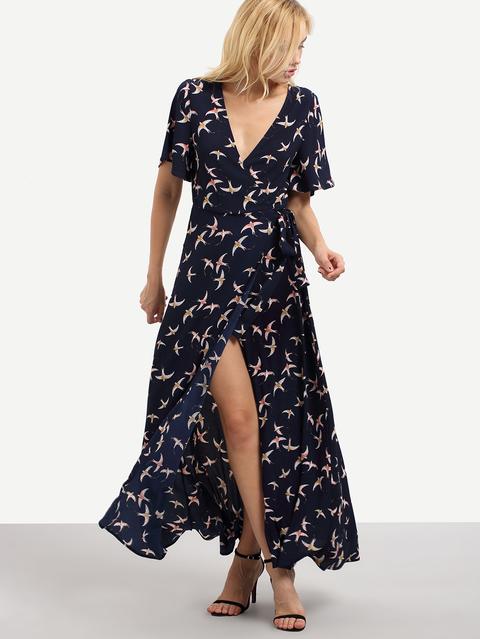 Vestido Escote V Pájaros Abertura Maxi -multicolor