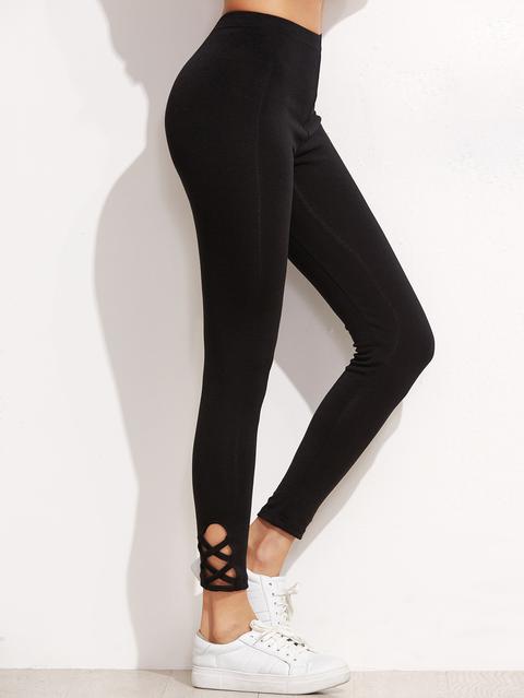 Leggings A Reticolo Orlo - Nero