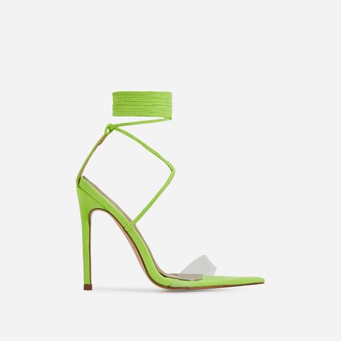 Wavey Lace Up Pointed Perspex Heel In Lime Green Faux Suede, Green