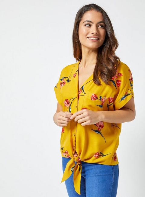 yellow floral print tops blouses