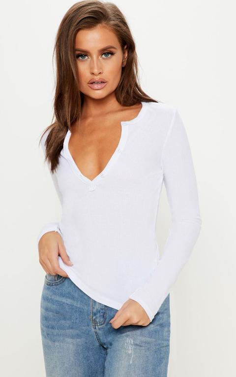 White Long Sleeve Rib Button Top, White