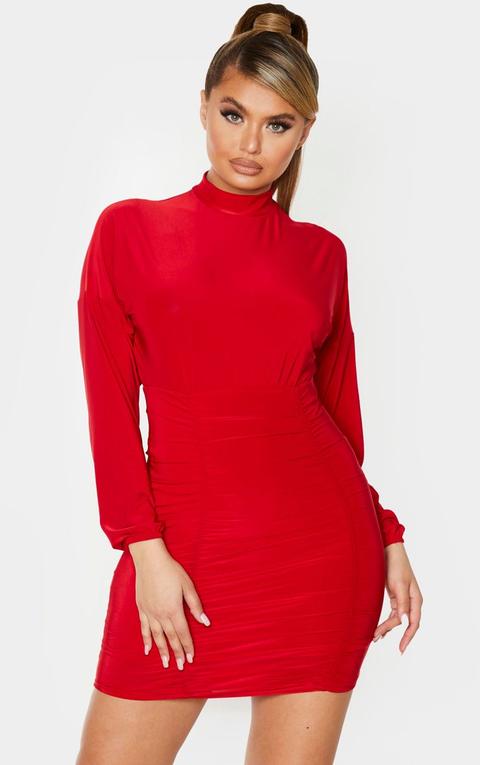 Red Slinky High Neck Long Sleeve Ruched Bodycon Dress