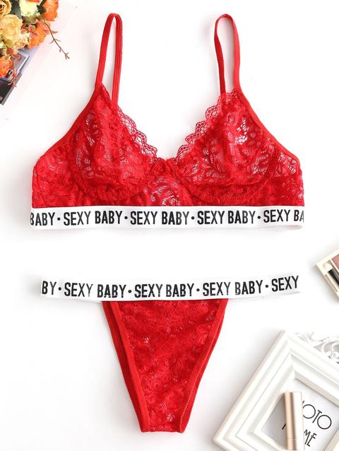 Set Di Reggiseno In Pizzo Con Grafica Baby Sexy Black Rose Red