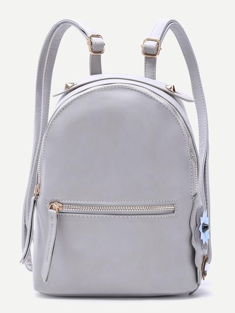 Mochila De Pu Con Flores Laterales Gris