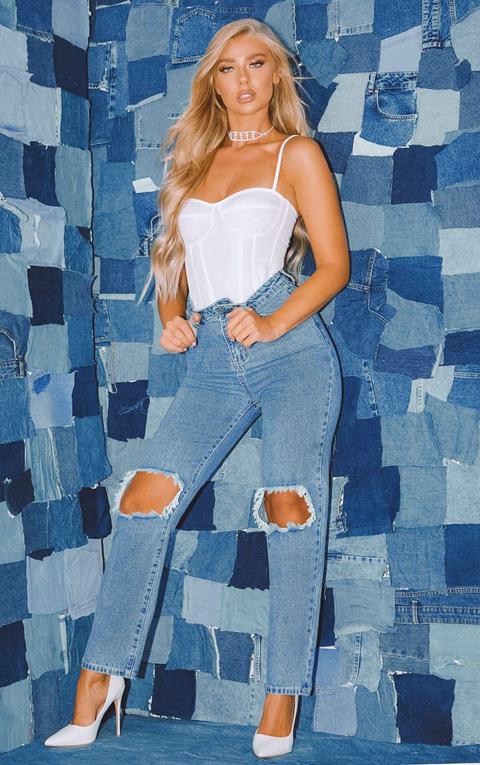 Prettylittlething Mid Blue Knee Rip Straight Leg Jean