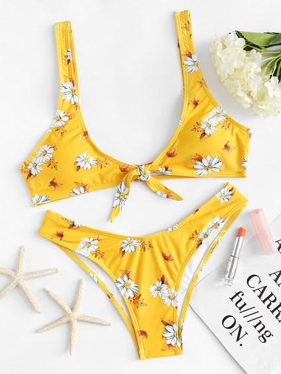 Calico Print Knot Front Top With High Leg Bikini Set