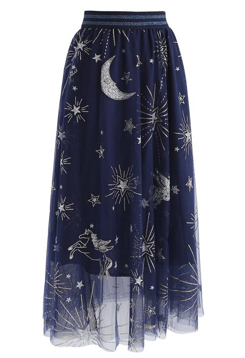 Myth of stars mesh on sale tulle midi skirt in navy