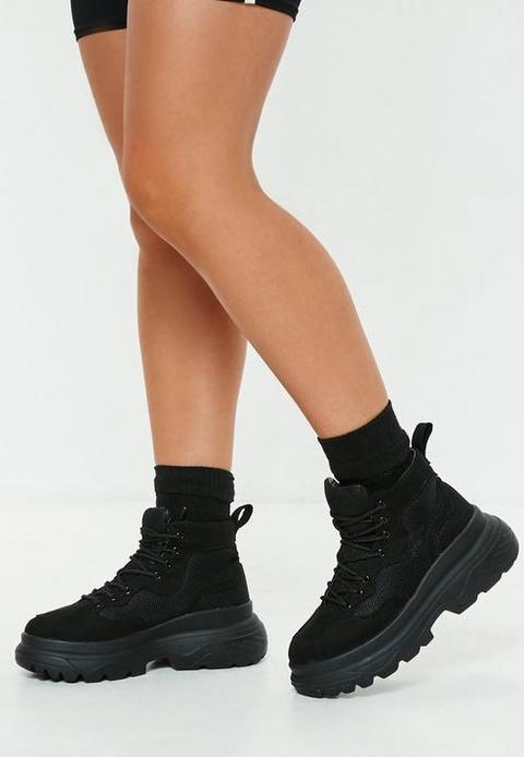 Black Double Sole Hiking Sneaker Boots, Black