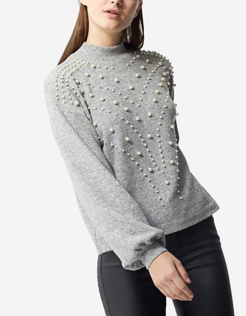 Pullover Felpato Con Perle Grigio Melangiato