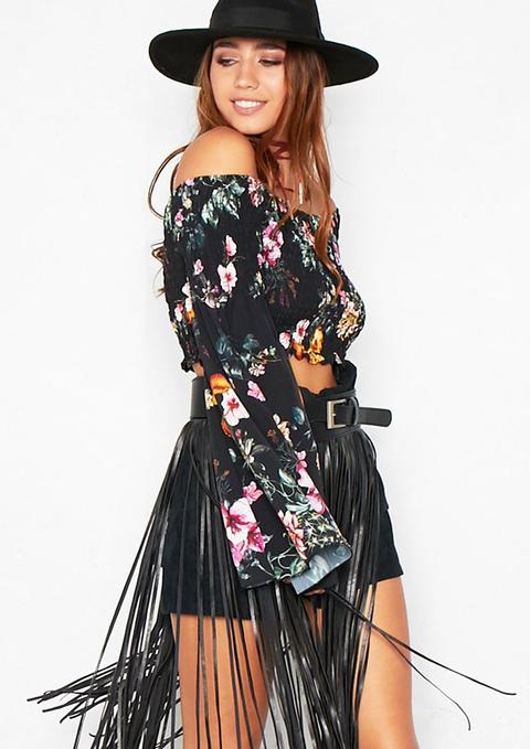 Kendra Black Floral Smocked Bell Sleeve Crop Top