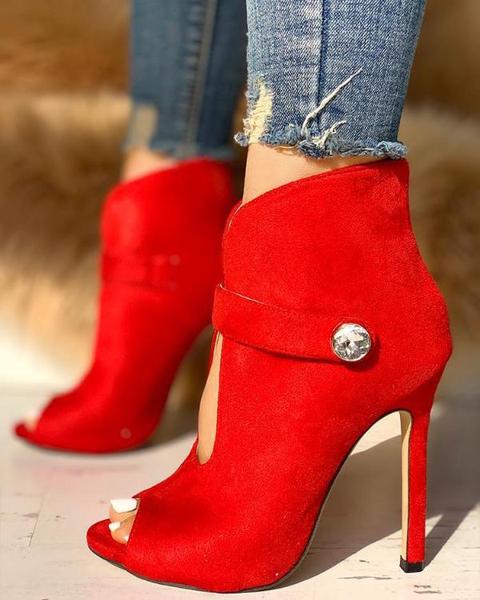 Rhinestone Cutout Pointed Toe Ankle Boots