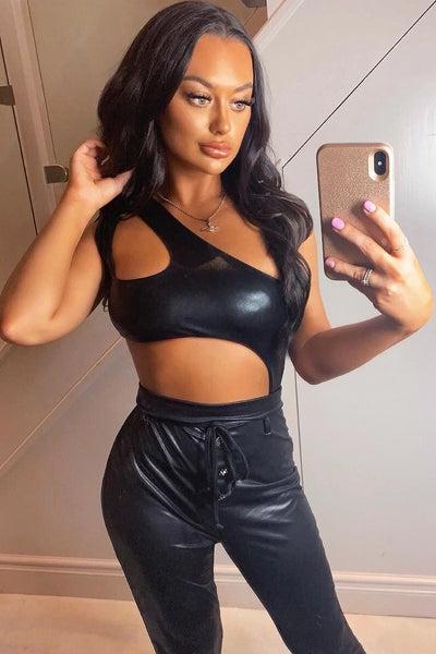 Black Coated One Shoulder Cut Out Bodysuit - Adriana