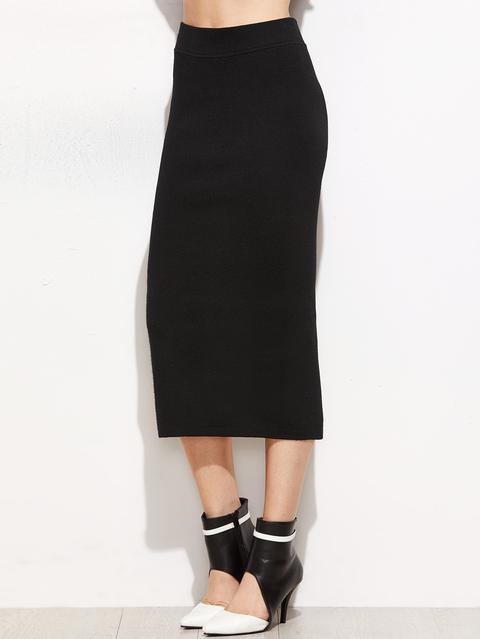 Black Knit Slit Back Skirt