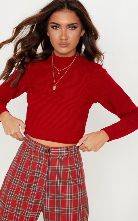 Red Ribbed Cropped Knitted Jumper