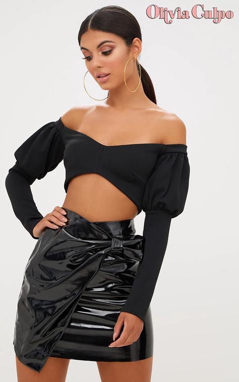 Black Puff Sleeve Bardot Crop Top