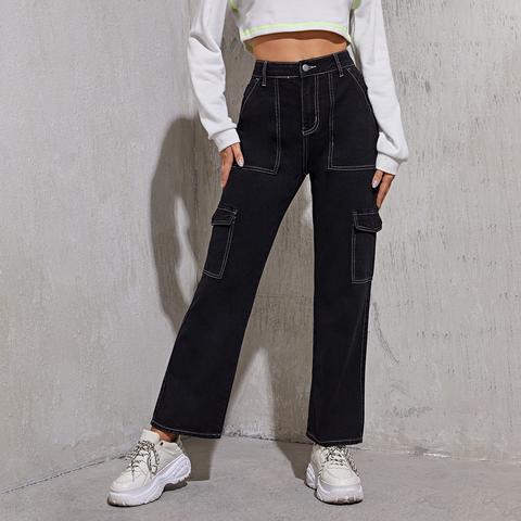 High Waist Flap Pocket Whip Stitch Cargo Jeans