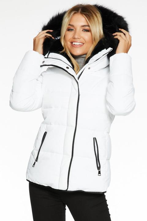 White Padded Faux Fur Trim Jacket