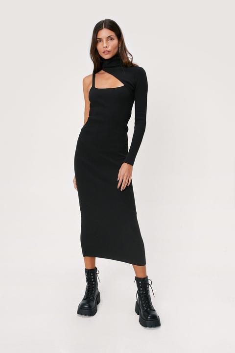 Womens 2 In 1 One Shoulder Knitted Midi Dress