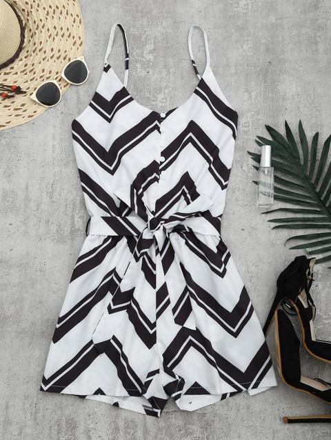 Belted Zigzag Cami Romper