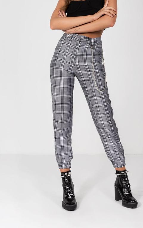 Multi Plaid Jogger Pant With Chain