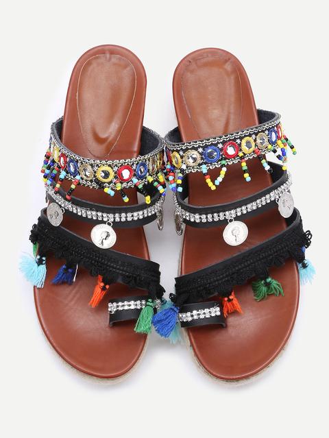 Negro Abierto Toe Coin Fringe Trim Flatform Sandalias