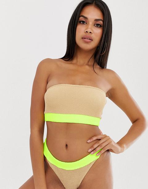 Asos Design Crinkle Bandeau Bikini Top With Neutral Contrast In Fluro Yellow-multi