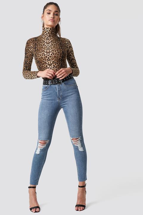 Destroyed Knee Raw Hem Jeans Blau