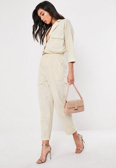 Linen Em Up Stone Linen Look Turn Up Co Ord Cigarette Trousers, Stone