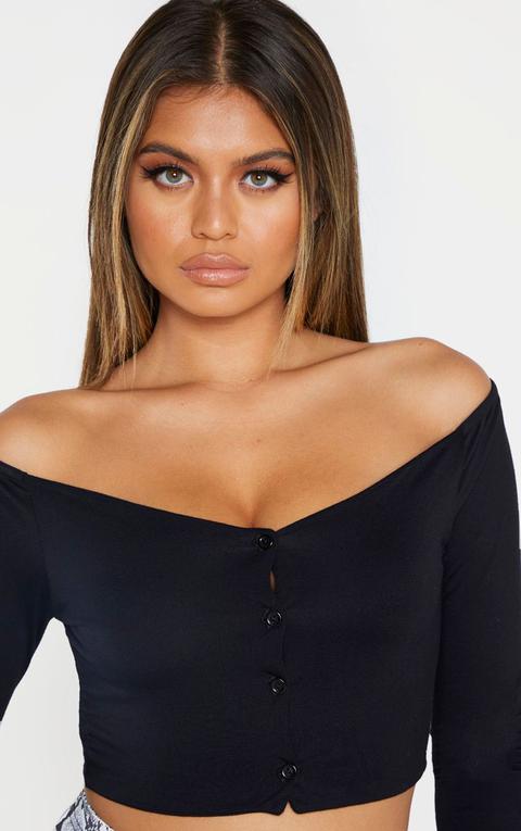Black Slinky Ruched Front Long Sleeve Crop Top