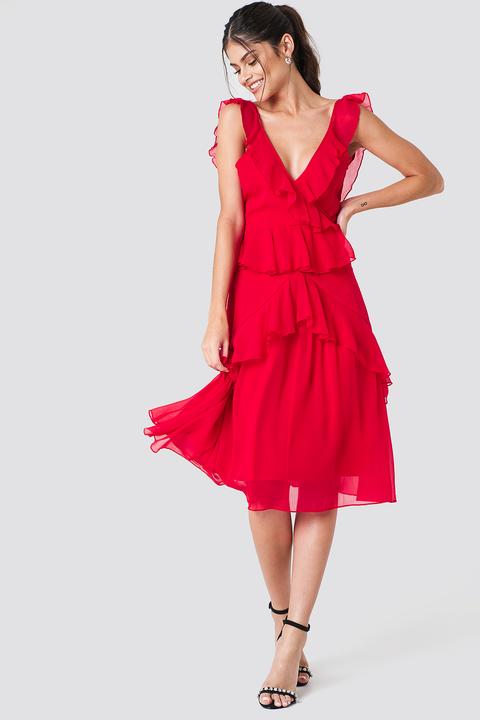 Na-kd Boho Deep Back Frill Chiffon Dress - Red