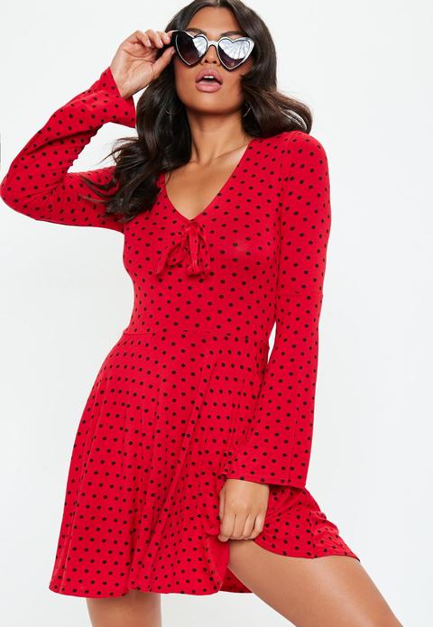Red Polka Dot Fluted Sleeve Dress, Red
