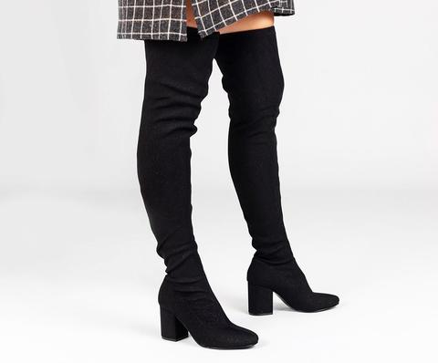 Botas Altas Estilo Calcetín Negras Con Brillos Y Tacón Cuadrado Para Mujer 46485