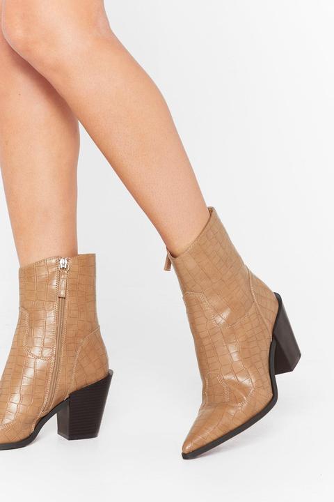 Womens Bottines Western En Similicuir Effet Croco - Beige - 37, Beige