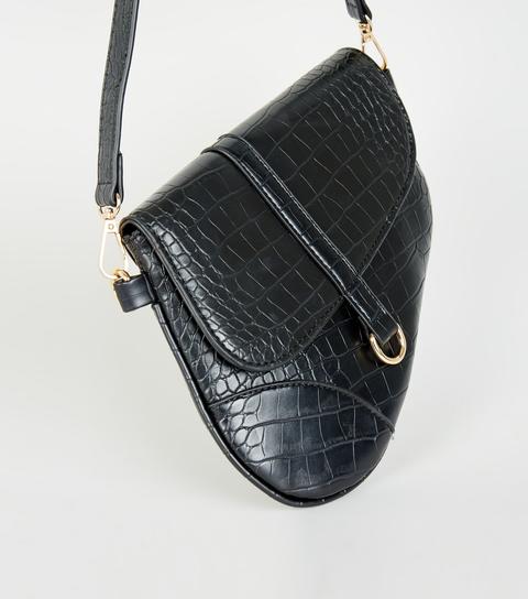 Black Faux Croc Asymmetric Saddle Bag New Look