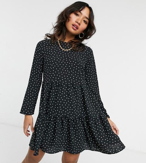 Vestido Corto Negro De Manga Larga Con Vuelo, Estampado De Lunares Beis Y Diseño Escalonado De Asos Design Petite-multicolor