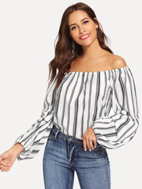 Off Shoulder Lantern Sleeve Striped Blouse