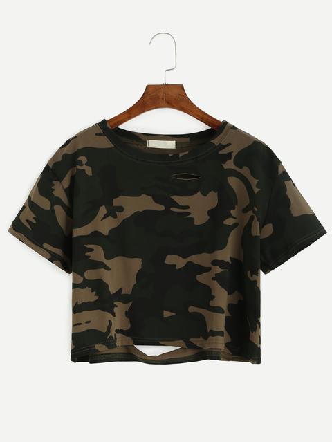 Camo Print Distressed Crop T-shirt