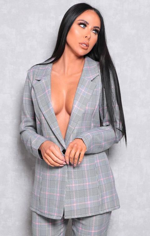 Grey Tartan Oversized Long Sleeve Blazer - Madeline