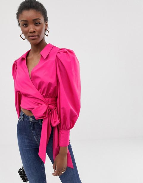 Top De Manga Larga Voluminosa Con Diseño Cruzado En Algodón De Asos Design-rosa