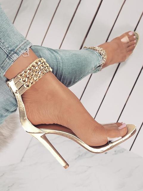 Sheer Peep Toe Metallic Chain Embellished Heeled Sandals