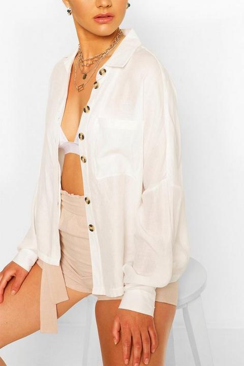 Womens Oversized Linen Look Shirt - White - 10, White