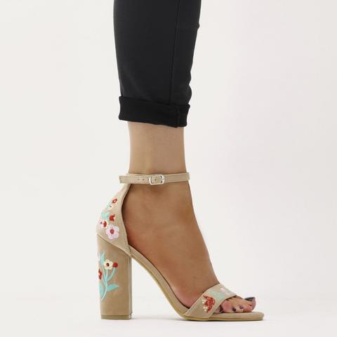 Dakota Embroidered Block Heel Barely There In Nude Faux Suede